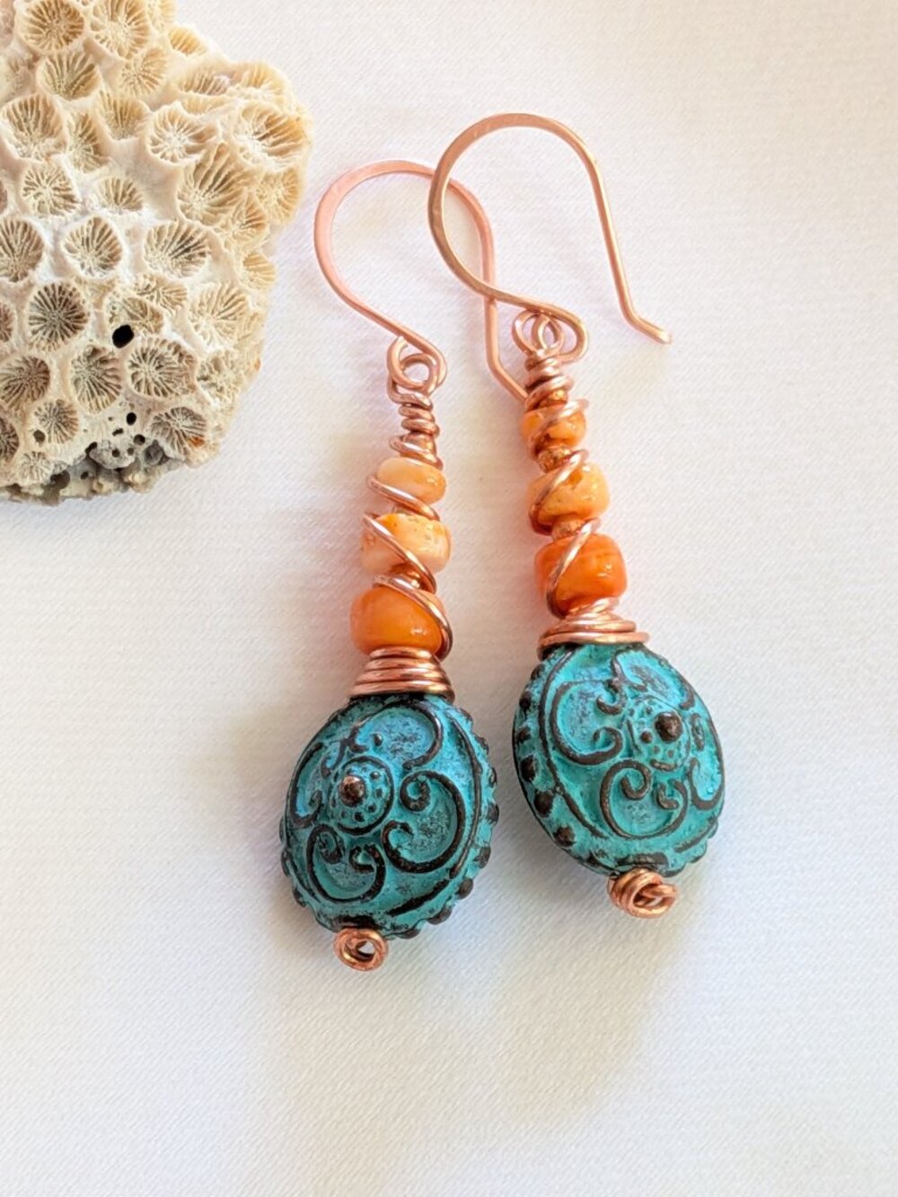 Spiny Oyster Earrings with Cast Metal Beads Artisanal Copper Wrap